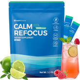 BloomRenew Calm Refocus drink mix pouch with prepared lemon raspberry flavored drink, featuring ashwagandha calm supplement