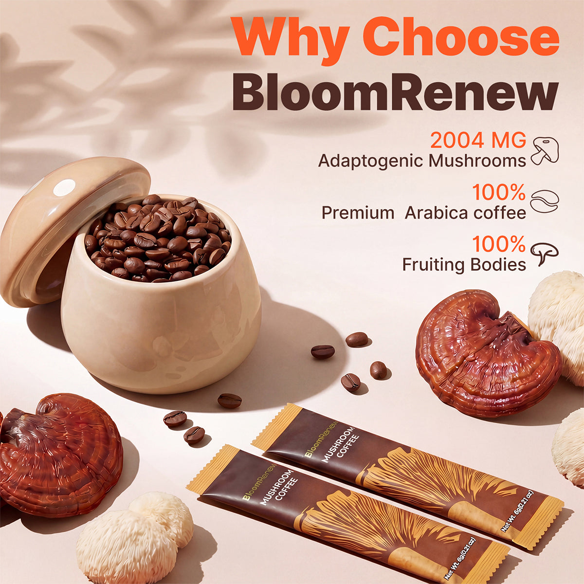 Why Choose BloomRenew Mushroom Coffee: 2004mg adaptogenic mushrooms, arabica coffee