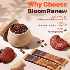 Why Choose BloomRenew Mushroom Coffee: 2004mg adaptogenic mushrooms, arabica coffee