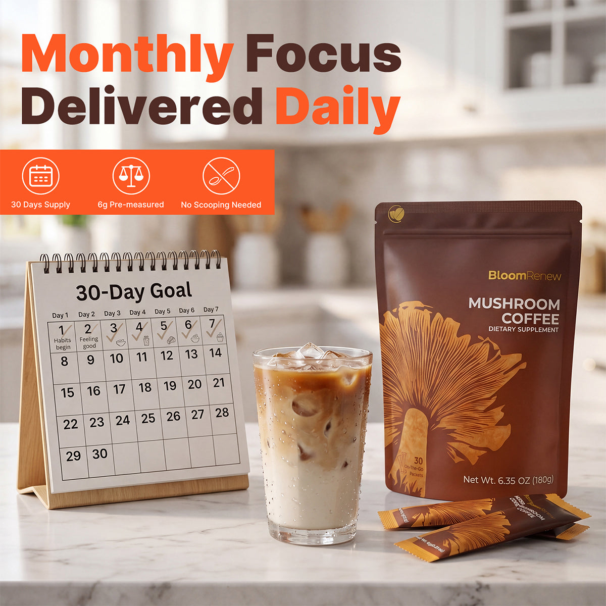 BloomRenew Mushroom Coffee 30-day supply with daily focus calendar and iced coffee