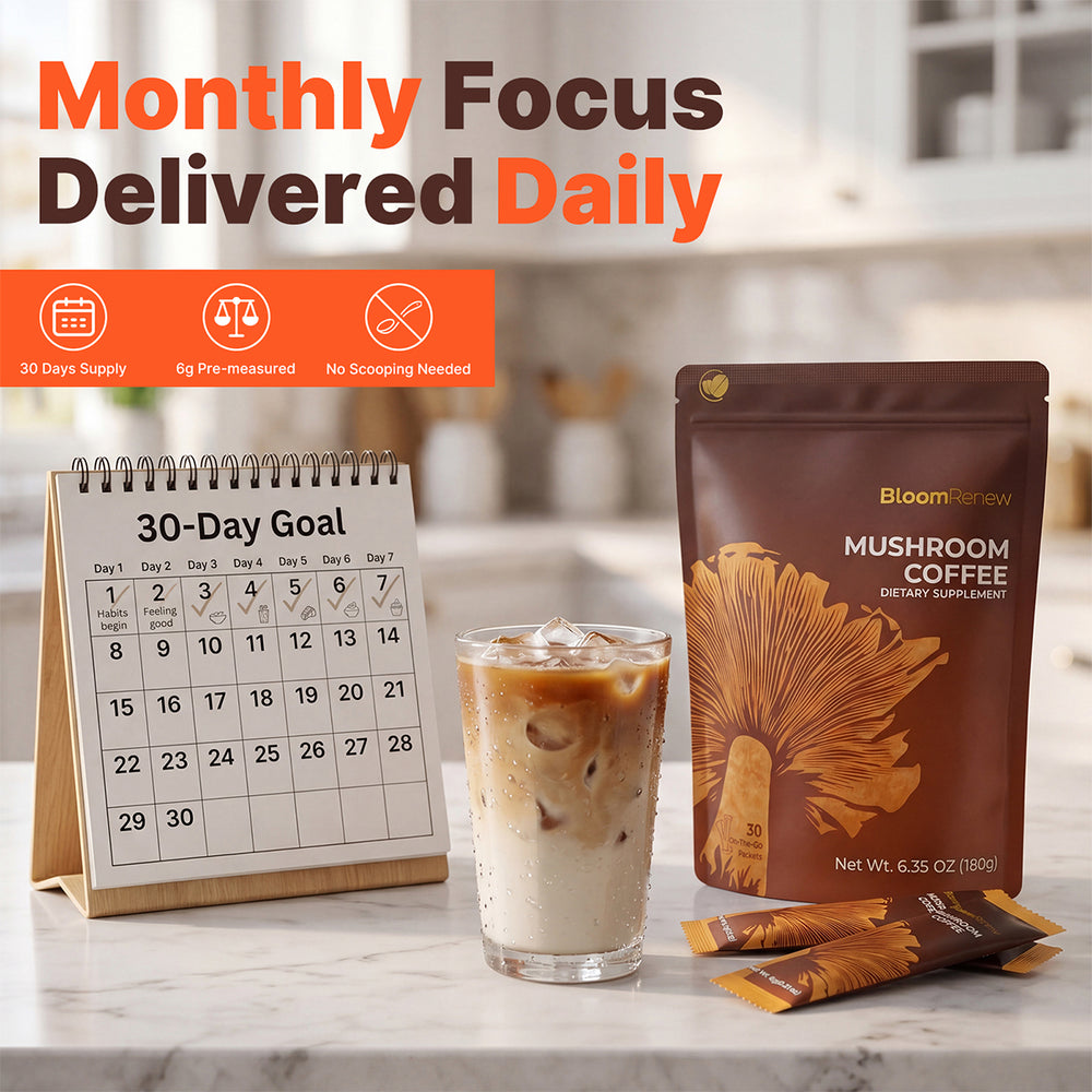 BloomRenew Mushroom Coffee 30-day supply with daily focus calendar and iced coffee
