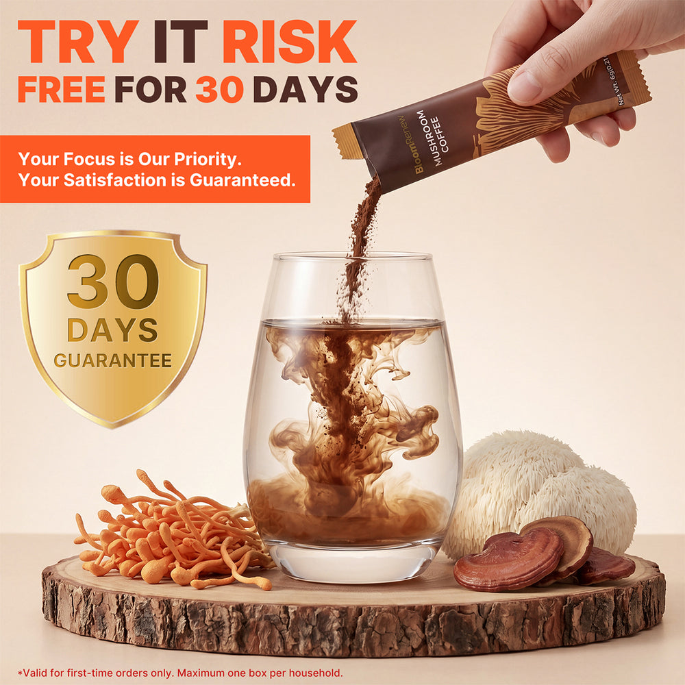 BloomRenew Mushroom Coffee stick being poured into glass with mushrooms and 30-day guarantee