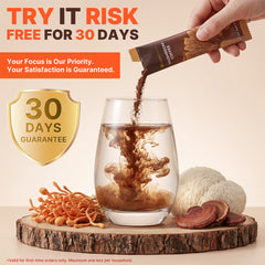 BloomRenew Mushroom Coffee stick being poured into glass with mushrooms and 30-day guarantee