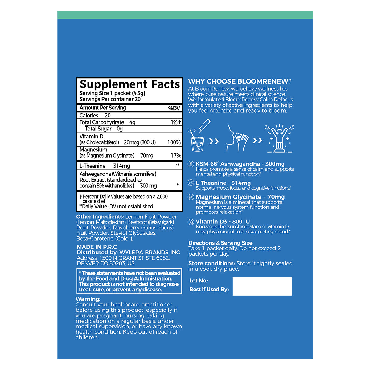 Why choose BloomRenew Calm Refocus supplement details, highlighting key ingredients like KSM-66 ashwagandha