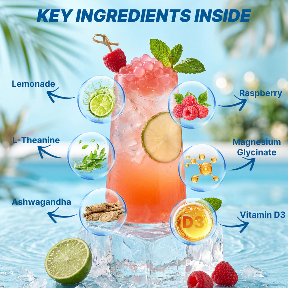 Key ingredients inside BloomRenew Calm Refocus drink mix, including lemonade, raspberry, L-theanine, ashwagandha, magnesium glycinate and vitamin D3