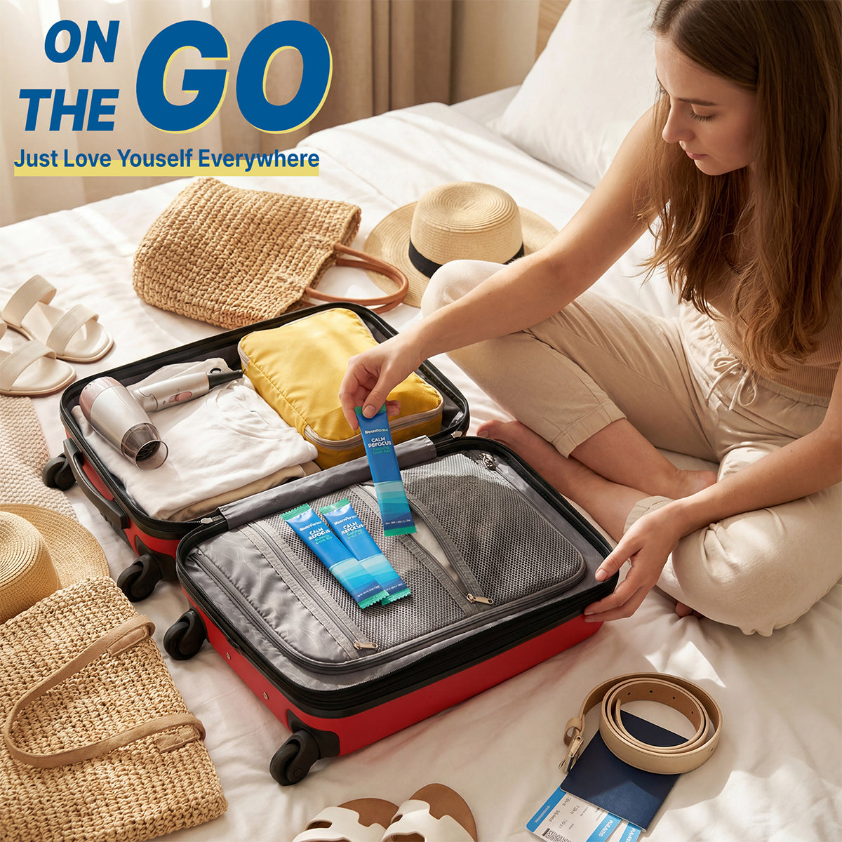Woman packing BloomRenew Calm Refocus sachets in luggage, showing the on-the-go travel convenience of the calm drink mix