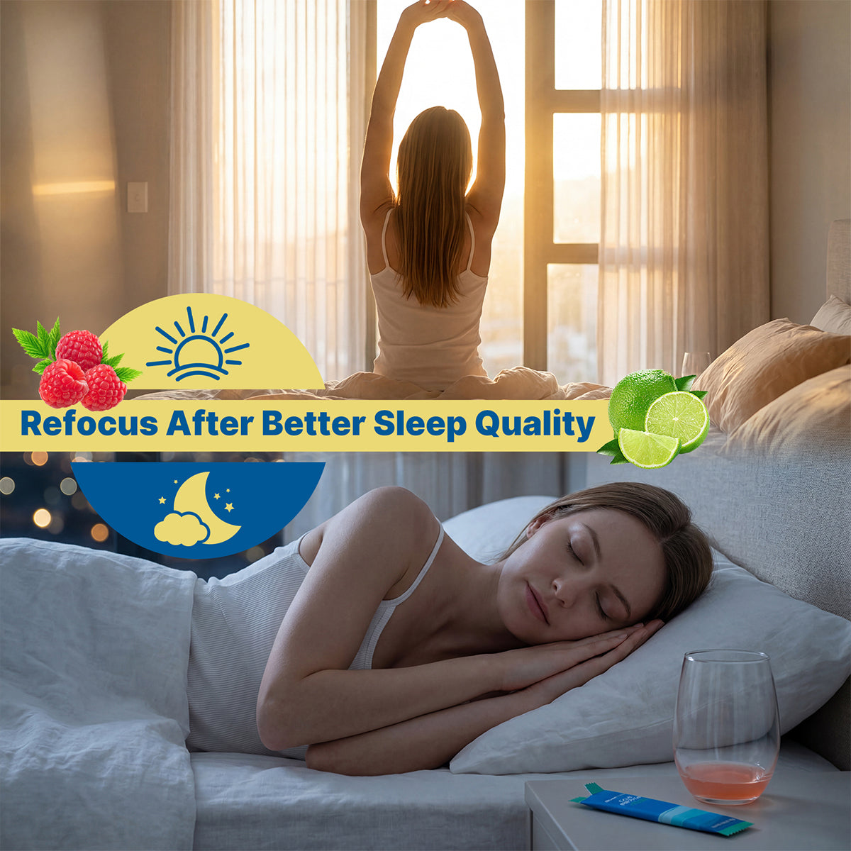 Woman using BloomRenew Calm Refocus for better sleep quality, yoga and restful nights with the stress relief supplement