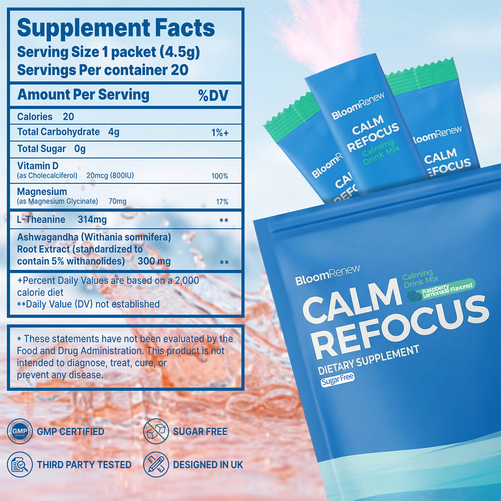 Supplement facts label for BloomRenew Calm Refocus, showing nutrition info with individual calm drink mix sachets