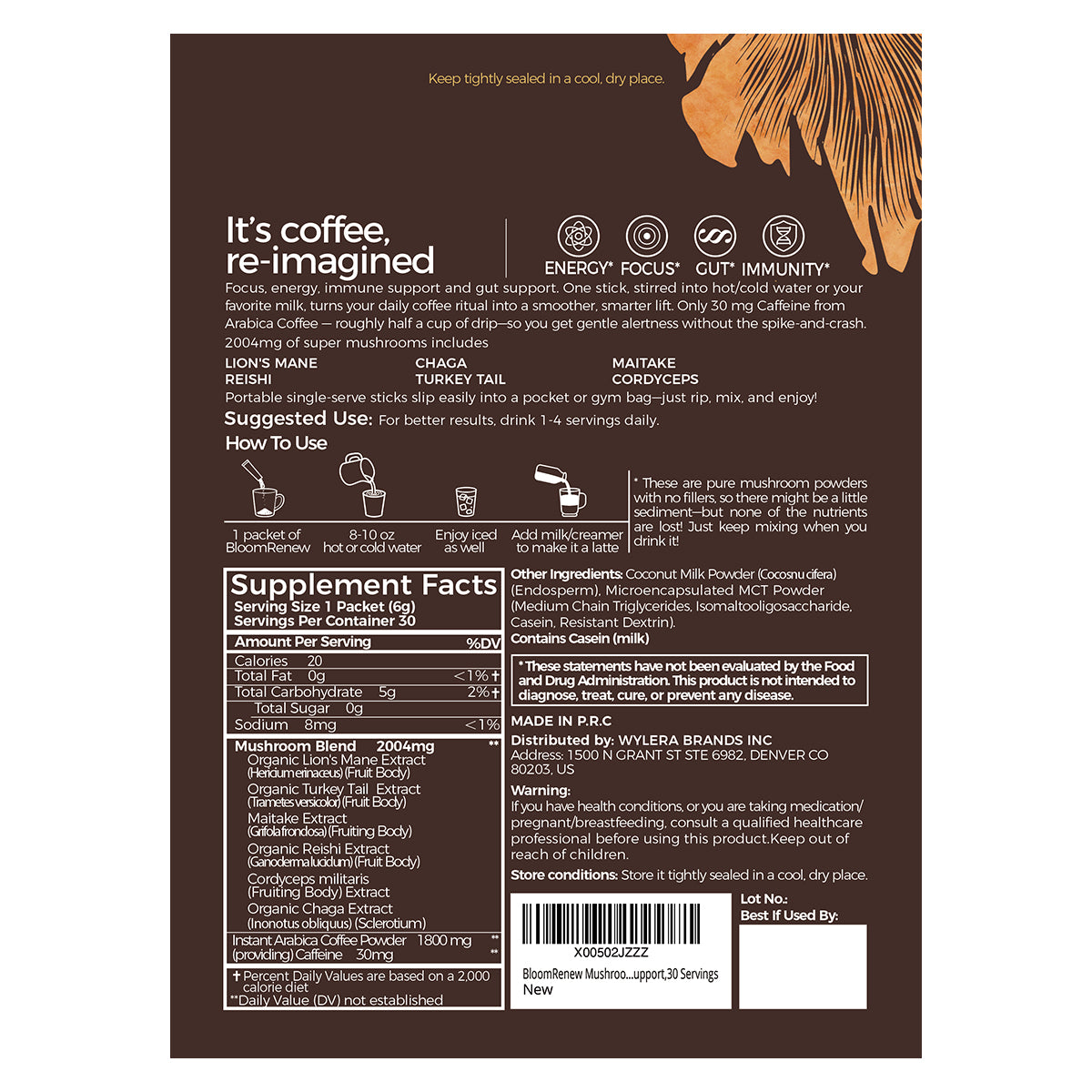 BloomRenew Mushroom Coffee back label with usage instructions and ingredients and how-to-use-bloomrenew